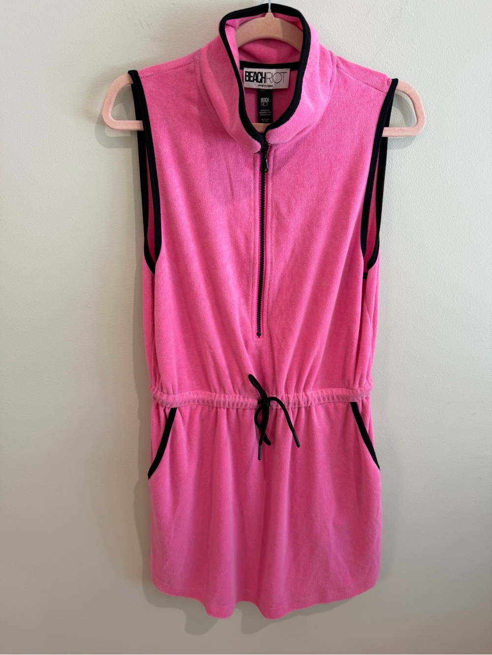 Beach Riot Pink Sleeveless Terry Romper with Black Trim